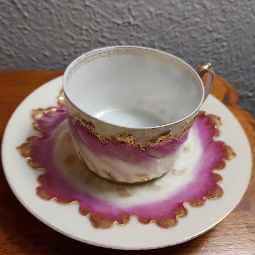 Limoge Elegant Pink and Gold Teacup and Saucer